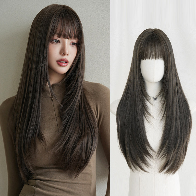 冷棕色假发女姬发式齐刘海高层次长直发假发全头套淑女长发wigs