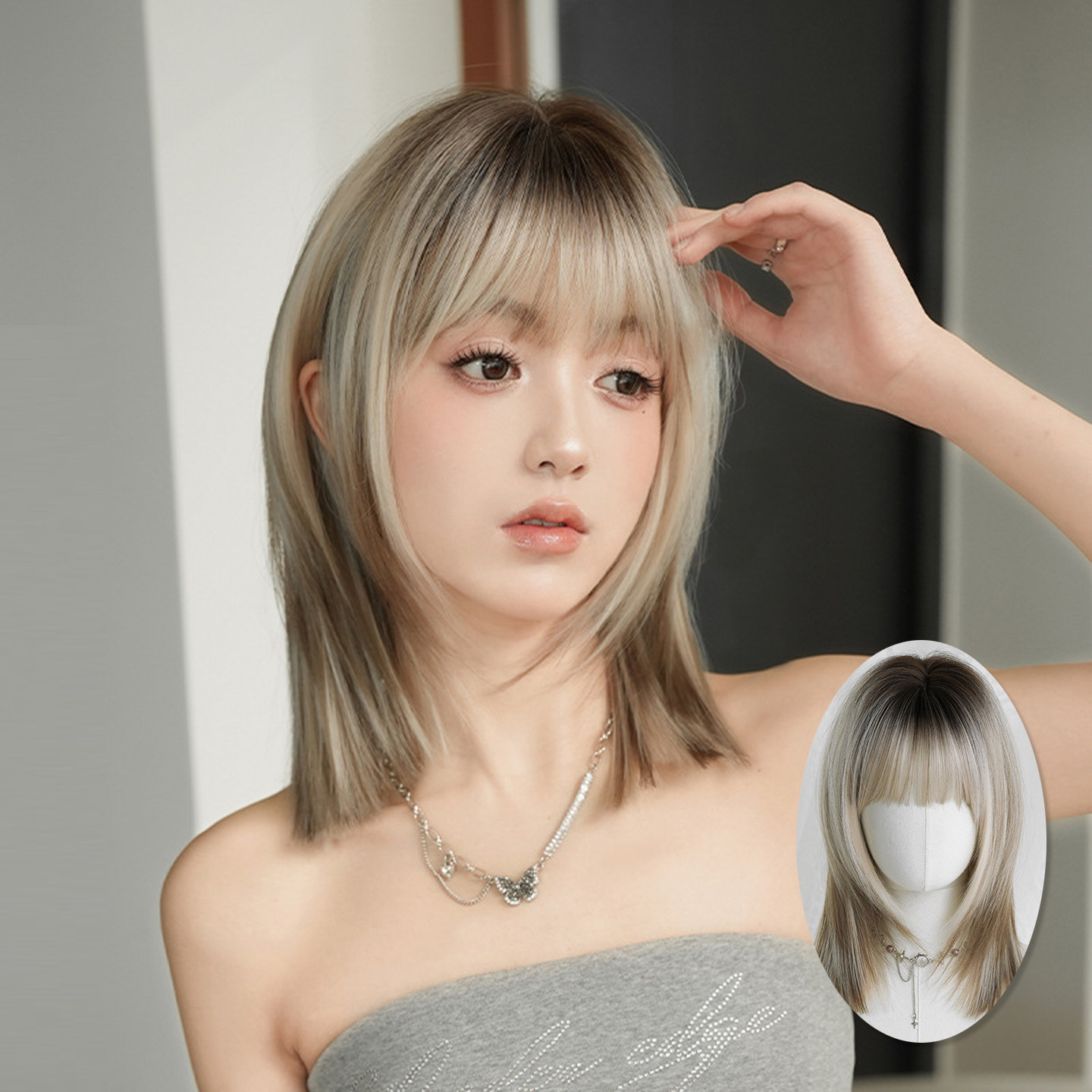 深灰挑染假发女齐刘海中长直发假发蓬松自然短发整顶全头套wigs
