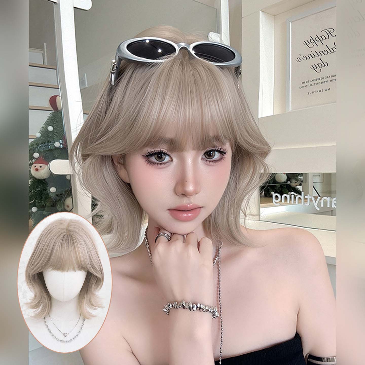 奶茶灰棕色假发甜妹风短卷发齐刘海自然时尚外翻锁骨发短发wigs
