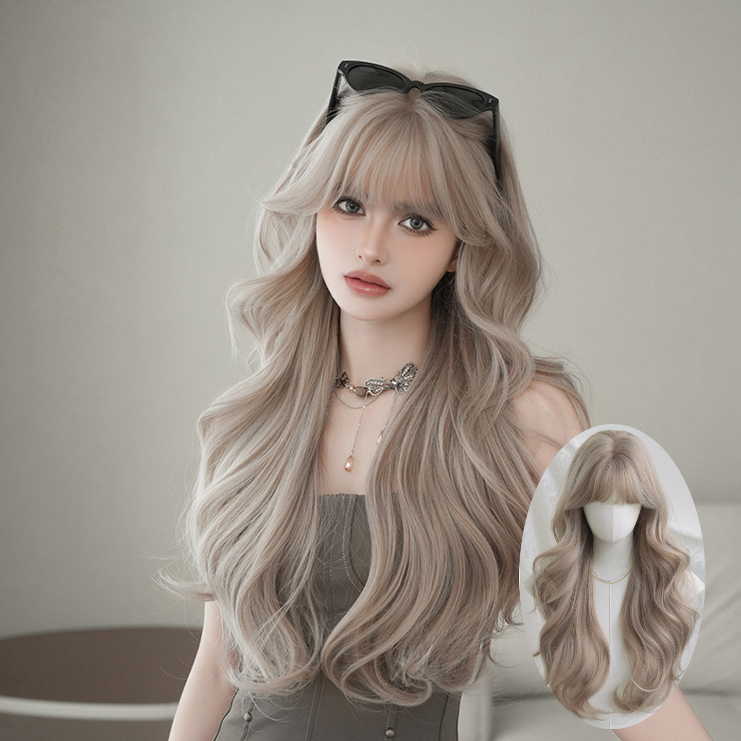 雾灰粉色假发女齐刘海长卷发大波浪假发全头套蓬松自然齐腰发wigs