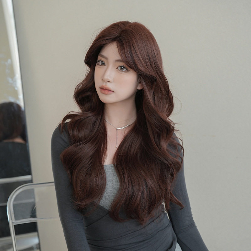 辣妹假发女中分刘海长卷发假发套高仿真树莓酒红色大波浪长发wigs