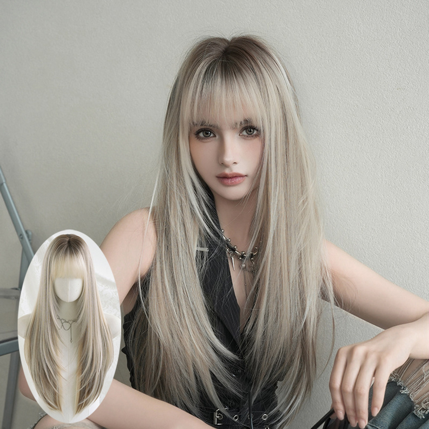 深灰挑白头顶染假发女高层次长直发假发全头套仿真发自然长发wigs