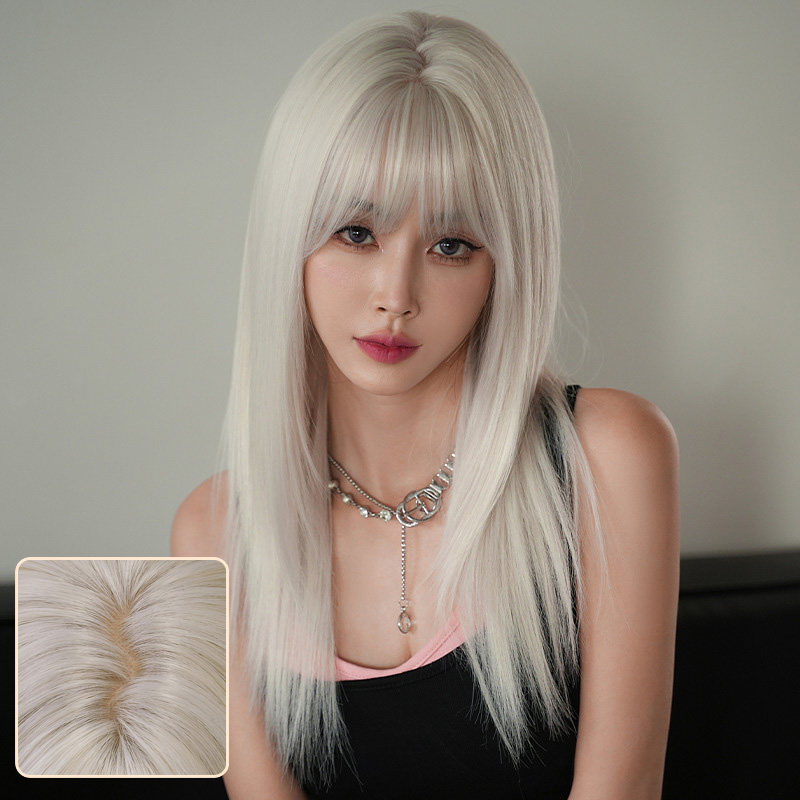 Lolita假发女空气刘海长直发披肩发假发全头套银白色自然长发wigs