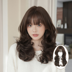 黑棕色假发女空气刘海层次感中长卷发假发全头套仿真自然短发wigs