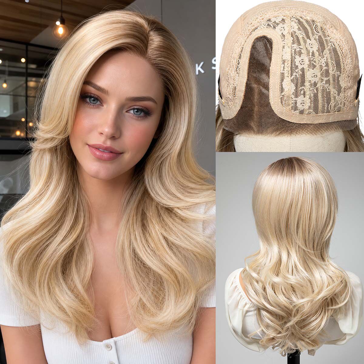 欧美假发女T型蕾丝偏分刘海长卷发假发头套MONO网底长发lace wigs