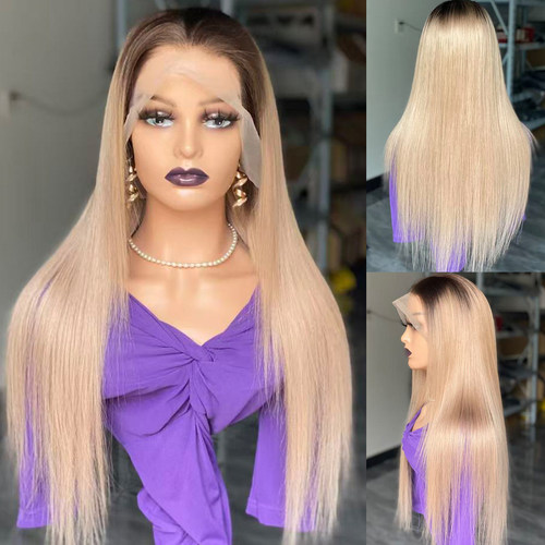欧美假发女前手织蕾丝长直发真发全头套渐变长发blonde lace wigs