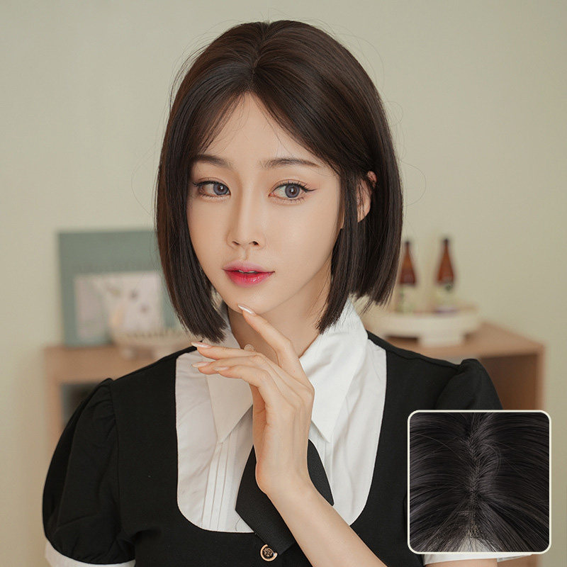 黑茶色假发女一字手织中分短发假发头套高仿真修脸短直发lace wig