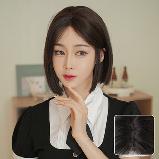 黑茶色假发女一字手织中分短发假发头套高仿真修脸短直发lace wig