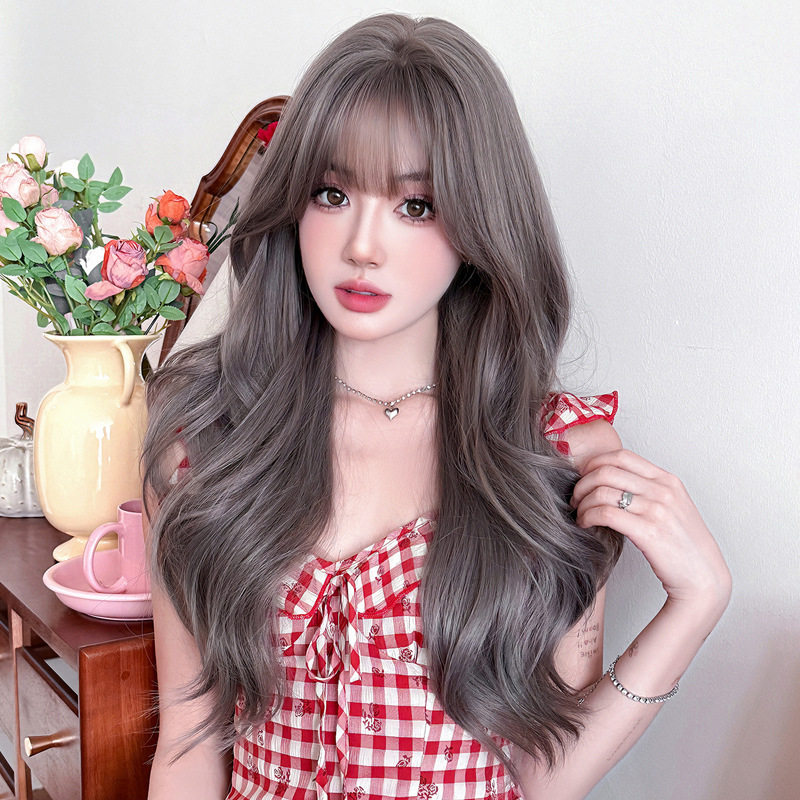 薄雾灰紫色假发女长卷发假发全头套韩式高仿真修脸大波浪长发wigs