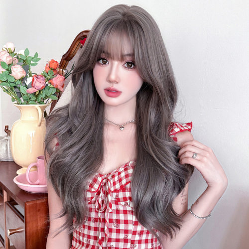 薄雾灰紫色假发女长卷发假发全头套韩式高仿真修脸大波浪长发wigs