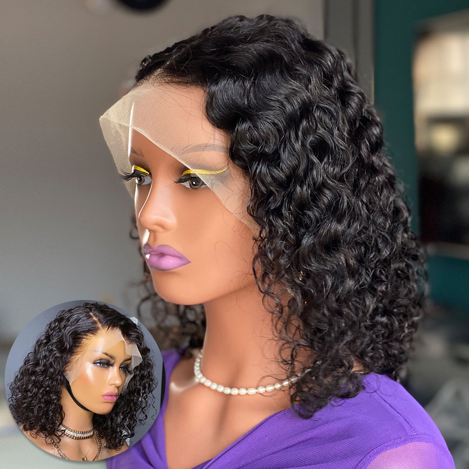 欧美小波浪卷发假发女蕾丝中分短卷发真发套lace Human Hair Wig