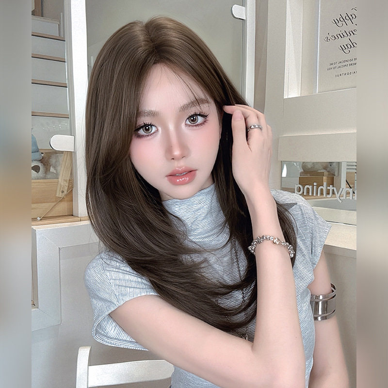 可可棕色假发女中分高层次内扣中长直发假发全头套仿真发修脸wigs
