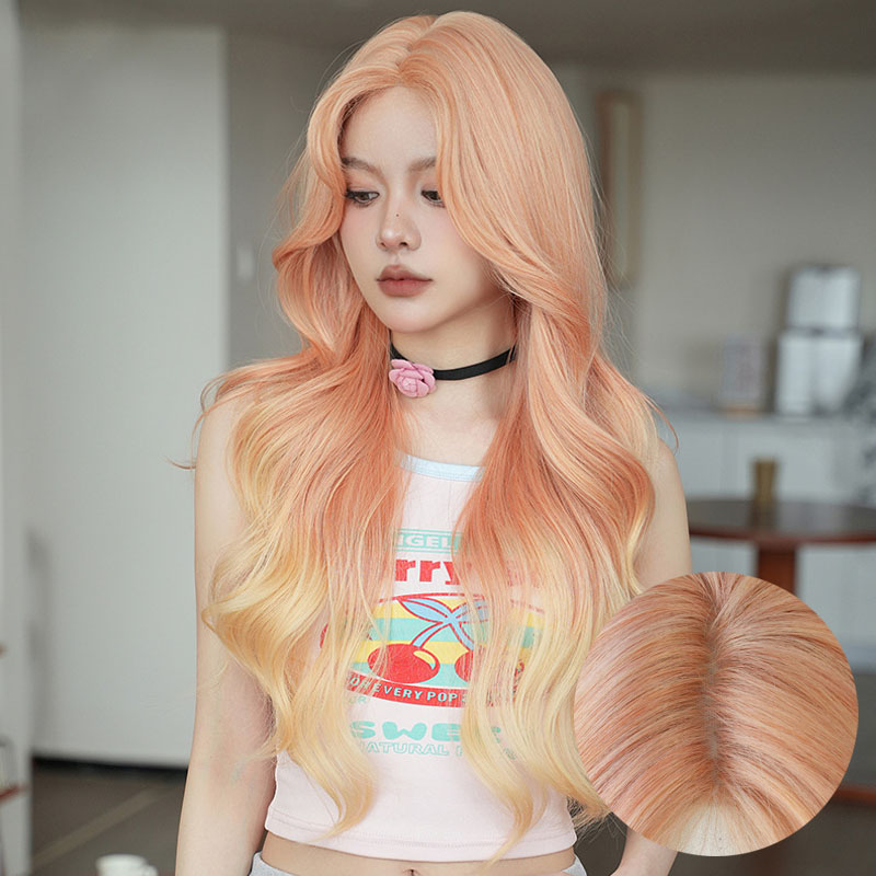 西柚橙色渐变假发女前蕾丝中分八字长卷发假发全头套蓬松长发wigs