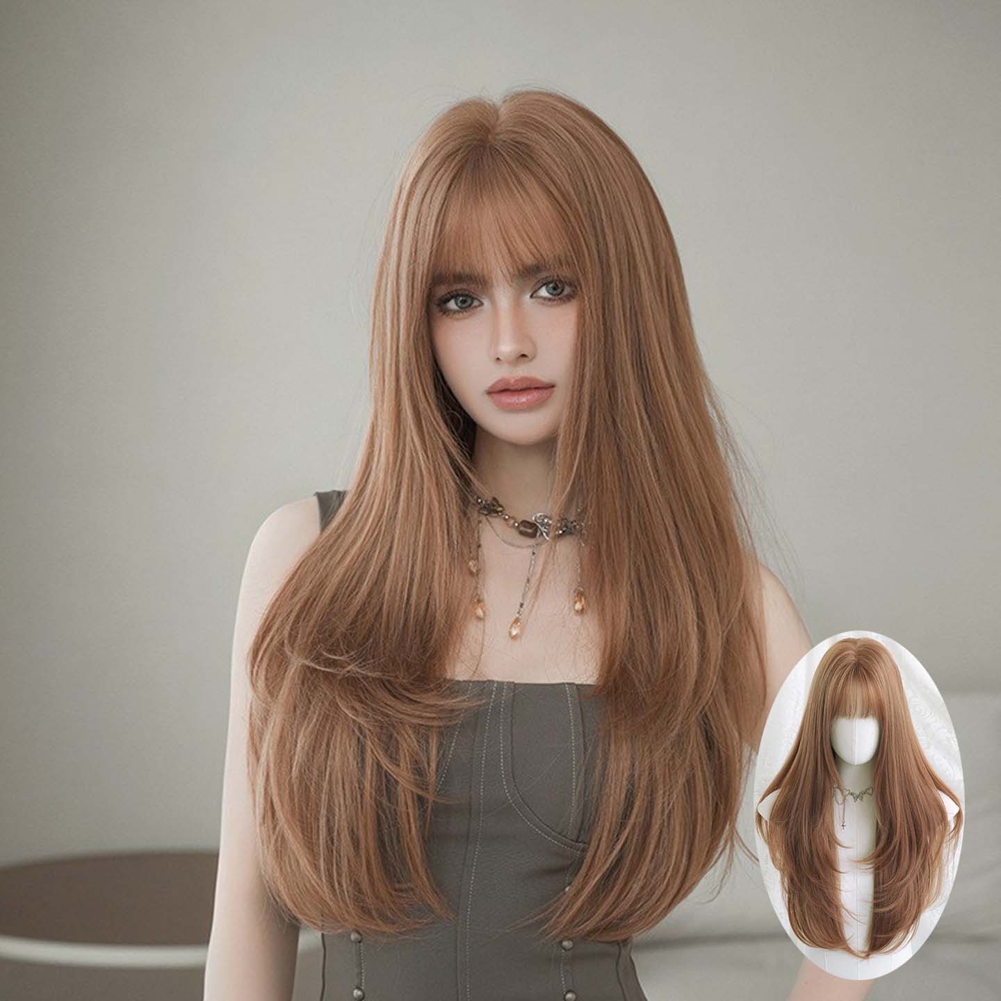 沉香棕色假发女微卷长发假发全头套蓬松显白气质层次感长直发wigs