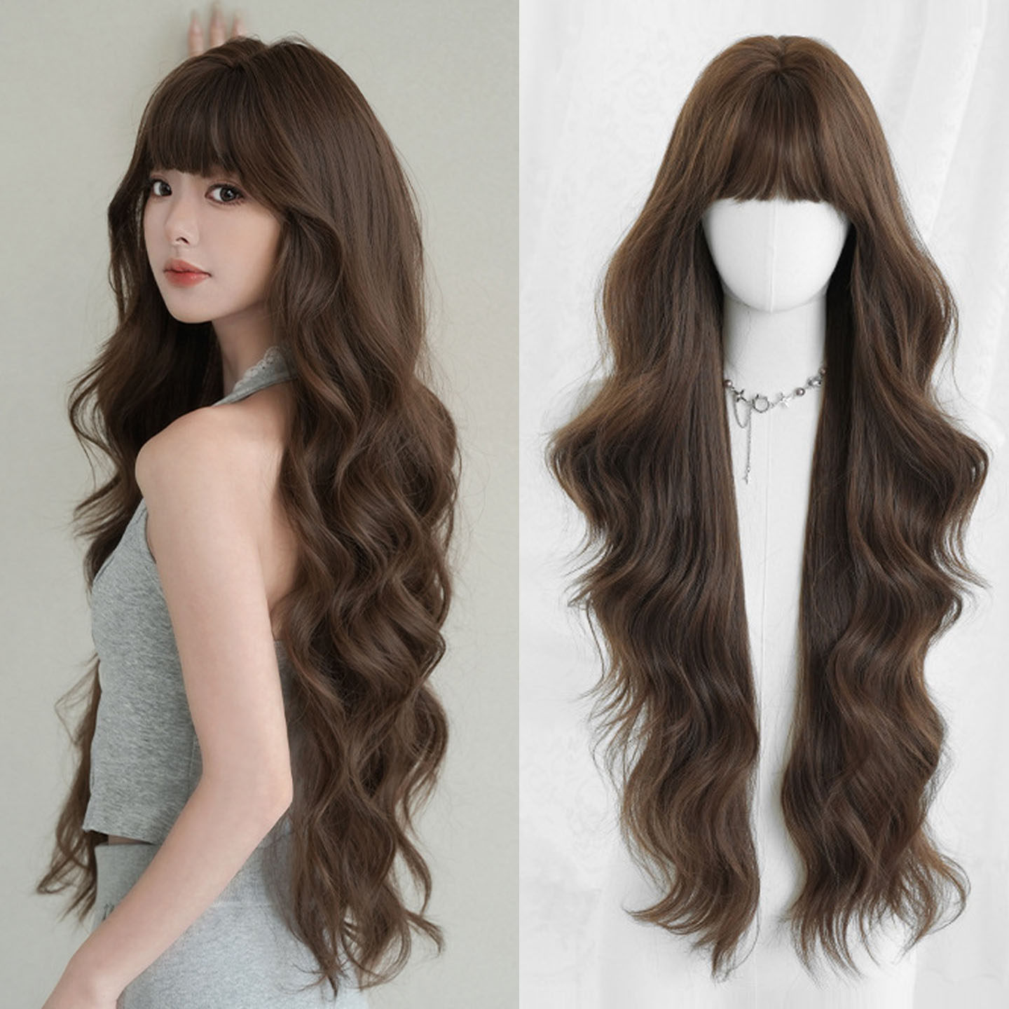 茶棕色假发女齐刘海大波浪层次发长卷发假发仿真发蓬松超长发wigs