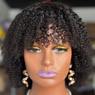 非洲假发女小弯曲卷发短卷发真发全头套kinky curly fringe wig