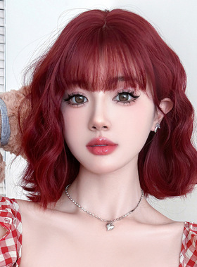波尔多红色假发女浪漫蛋卷短发假发全头套自然蓬松显白短卷发wigs