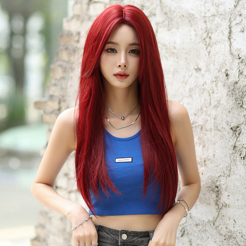 红色假发长直发中分自然修脸wigs