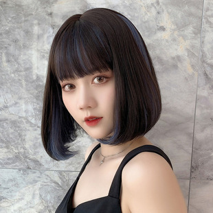 黑茶色挑染假发女齐刘海IBOBO头自然蓬松修脸短发假发全头套wigs