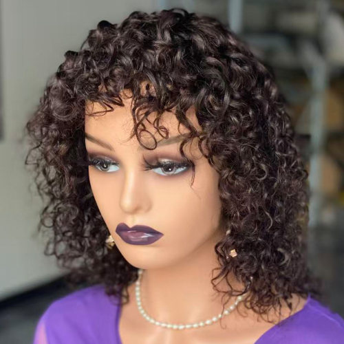 欧美假发女卷刘海短卷发真发头套蓬松短发Water Wave Short Curly