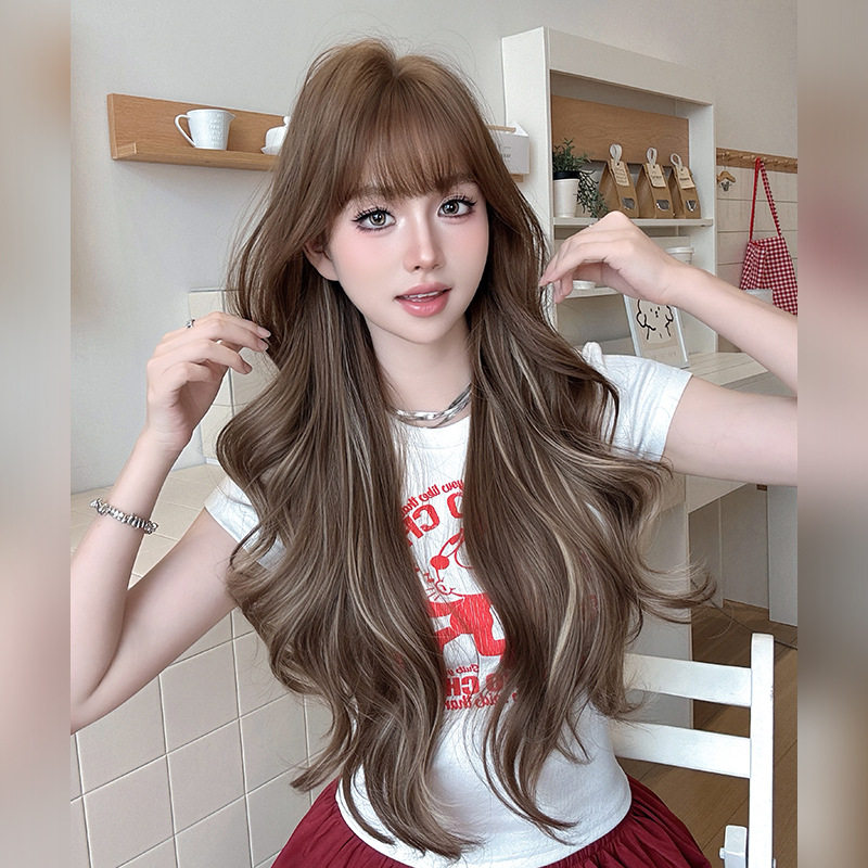 奶茶棕挑染米白假发女大波浪齐刘海长卷发假发全头套蓬松长发wigs