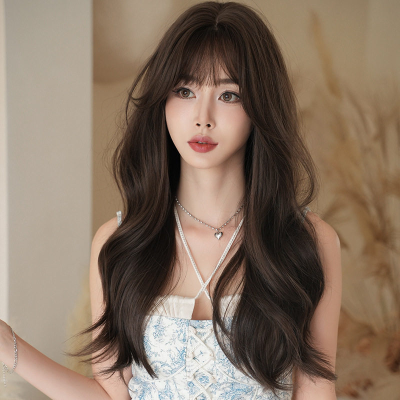 茉莉茶棕色假发女空气刘海假发全头套长卷发蓬松知然大波浪wigs