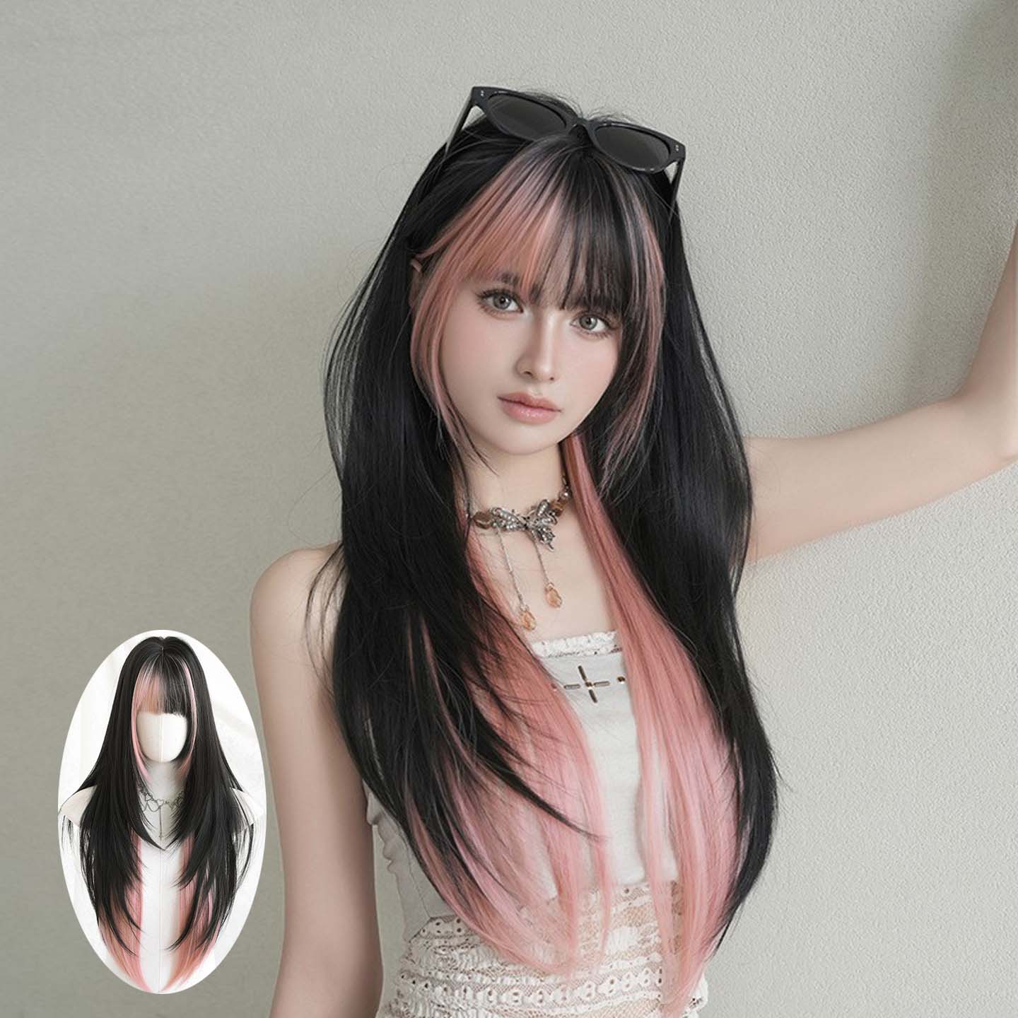 少女假发女刘海染高层次感长直发假发粉色挑染长直整顶全头套wigs