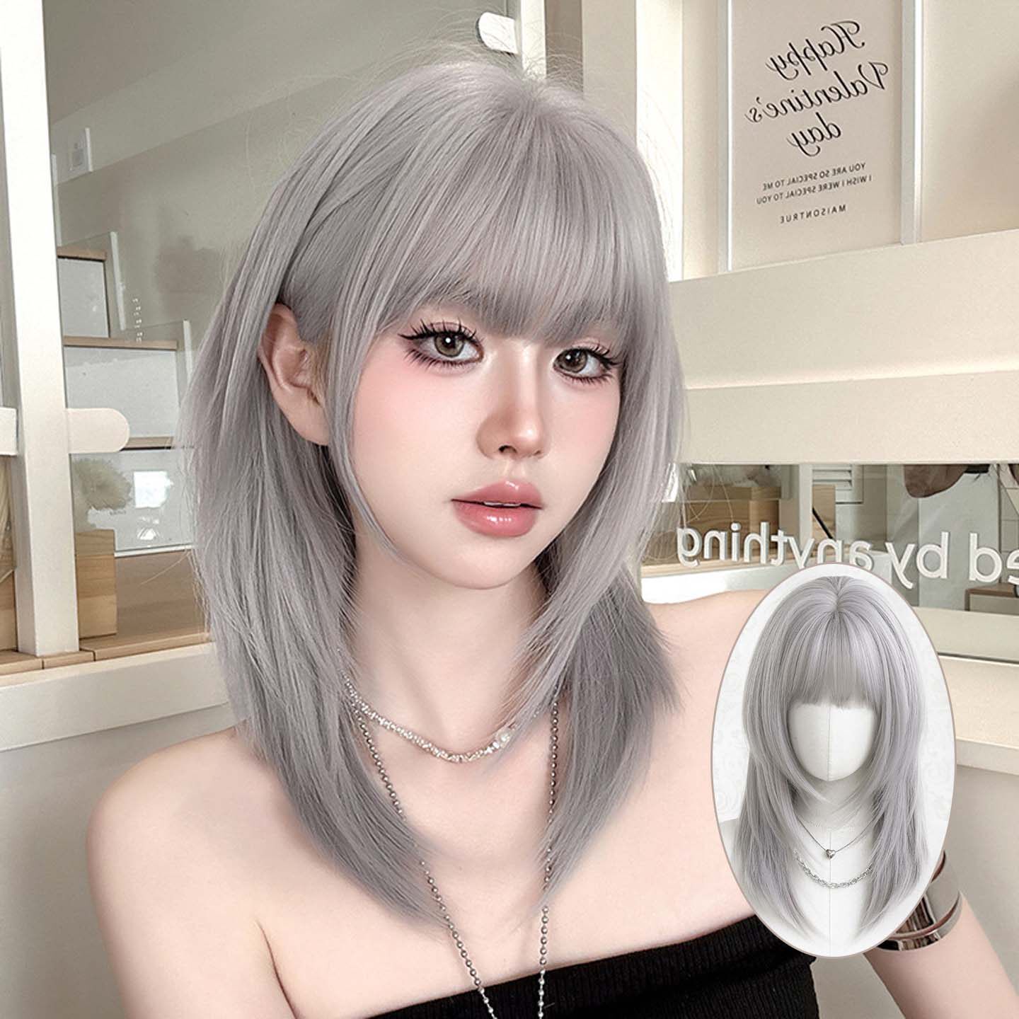 迷雾灰假发女层次感锁骨发假发全头套蓬松仿真发齐刘海长直发wigs
