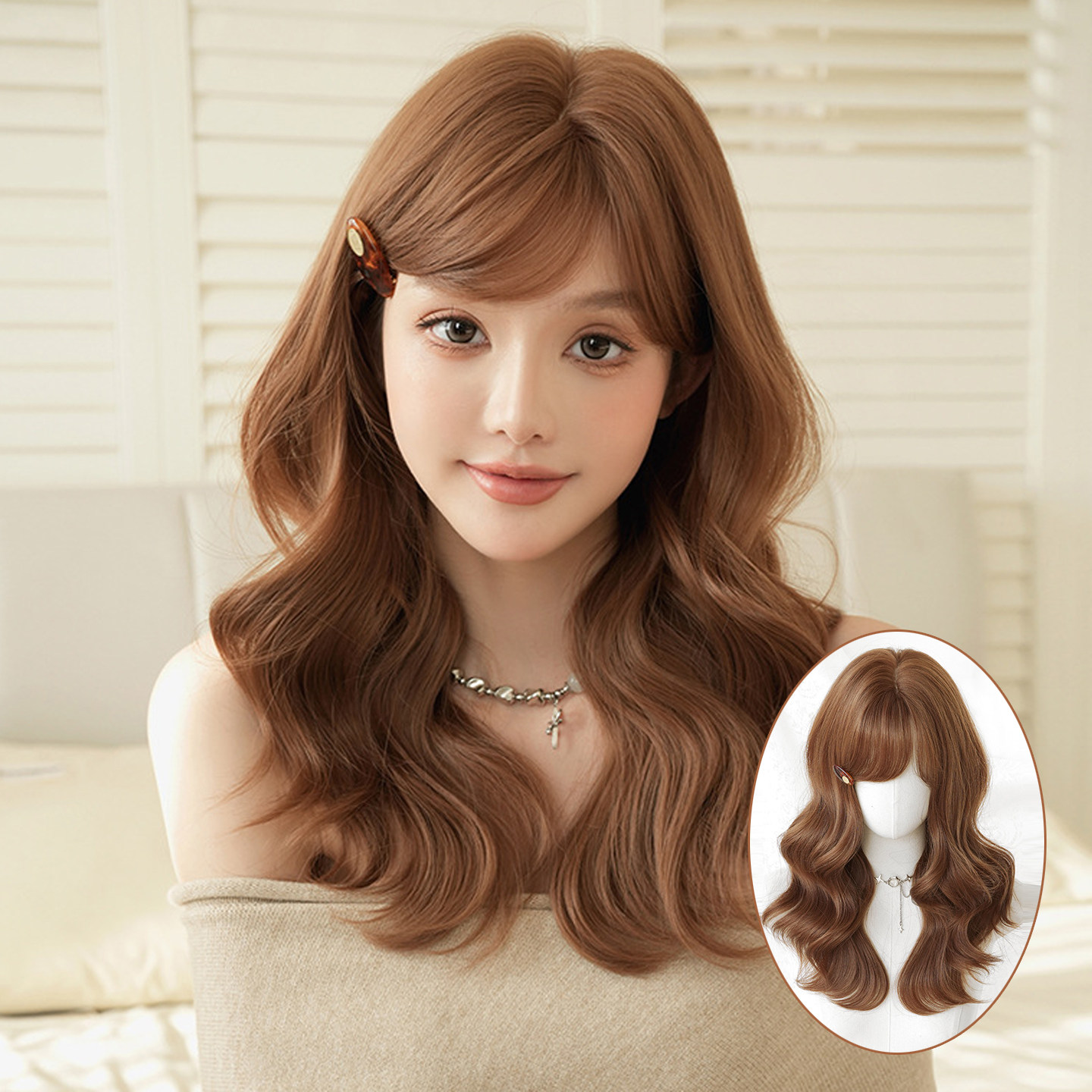 奶茶栗棕色假发女斜刘海长卷发全头套自然显白甜美大波浪长发wigs