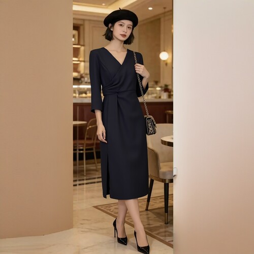 2026春魅M系列 衣佳人折扣女 V字领 腰部褶皱收腰 长裙连衣裙3609