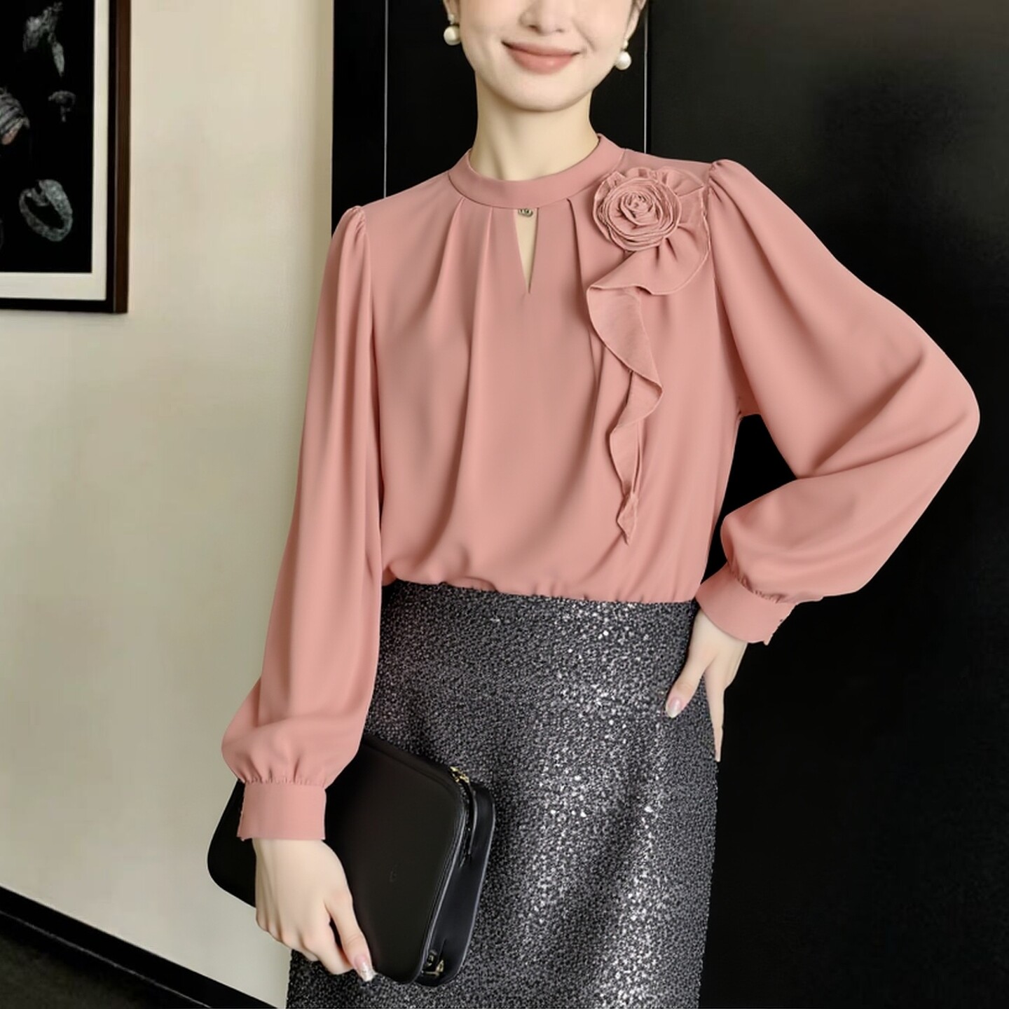 2026春魅M系列 衣佳人折扣女装 圆领 立体花朵 镂空 雪纺上衣5050