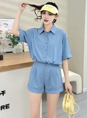 2026夏朵Y系列 衣佳人折扣女装 翻领衬衣拼休闲短裤清新套装 6009