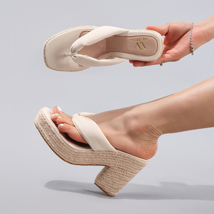 女士麻绳坡跟厚底凉鞋夹趾人字拖夏季渡假防水台高跟鞋跨境欧美