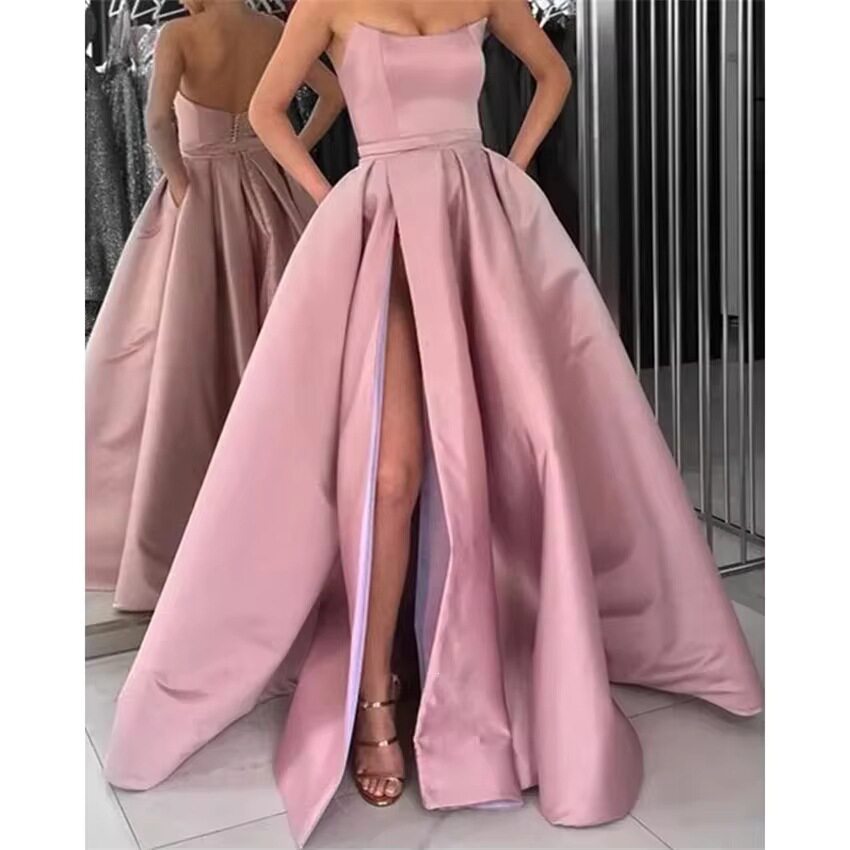 亚马逊跨境晚礼服时尚舒适性感侧面开叉无肩带缎面连衣裙舞会礼服