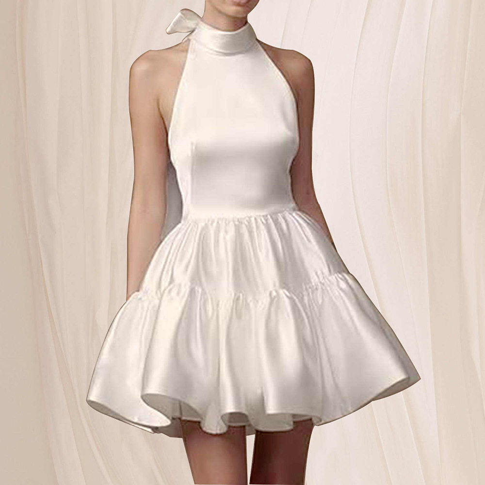 时尚舒适缎面轻婚纱礼服25新款露背带短款A字裙宴会派对生日礼服