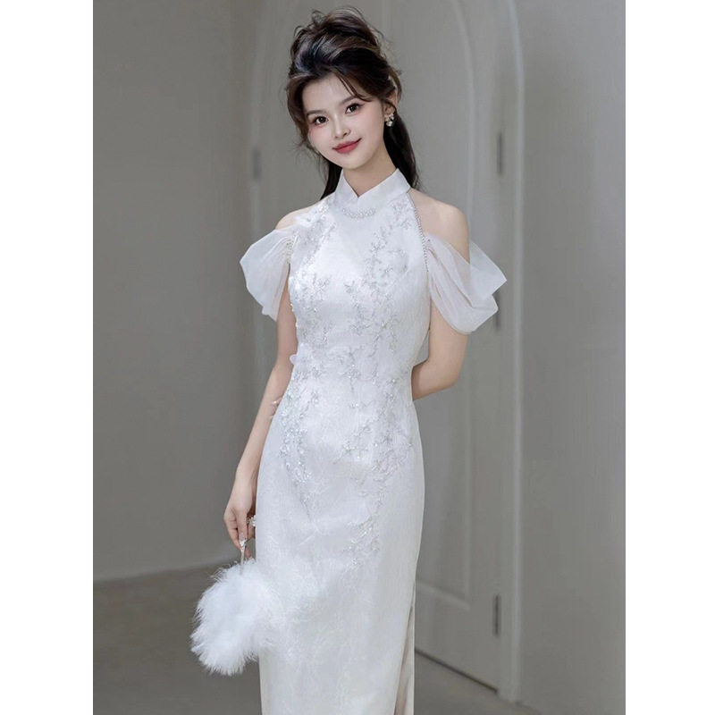 白色旗袍敬酒服新娘出门纱领证登记连衣裙复古订婚小礼服女新中式