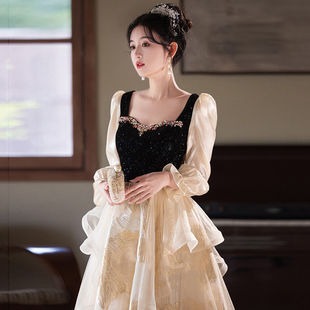 法式晚礼服2026新款宴会女方领长袖气质优雅主持人钢琴连衣裙夏季