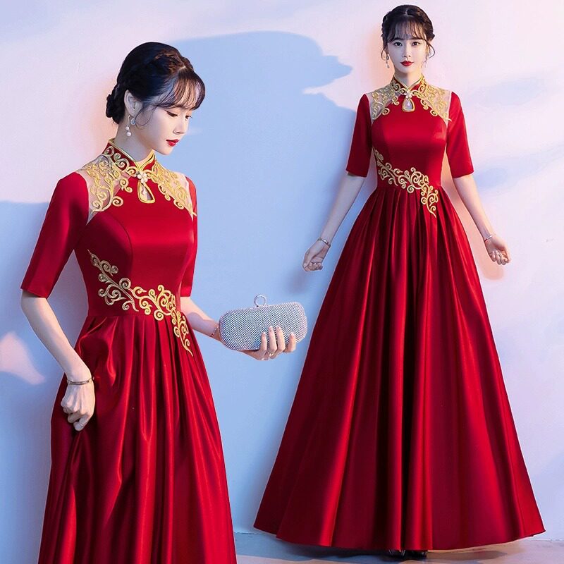大合唱团演出服女长裙酒红色大气显瘦红歌比赛服装合唱指挥晚礼服