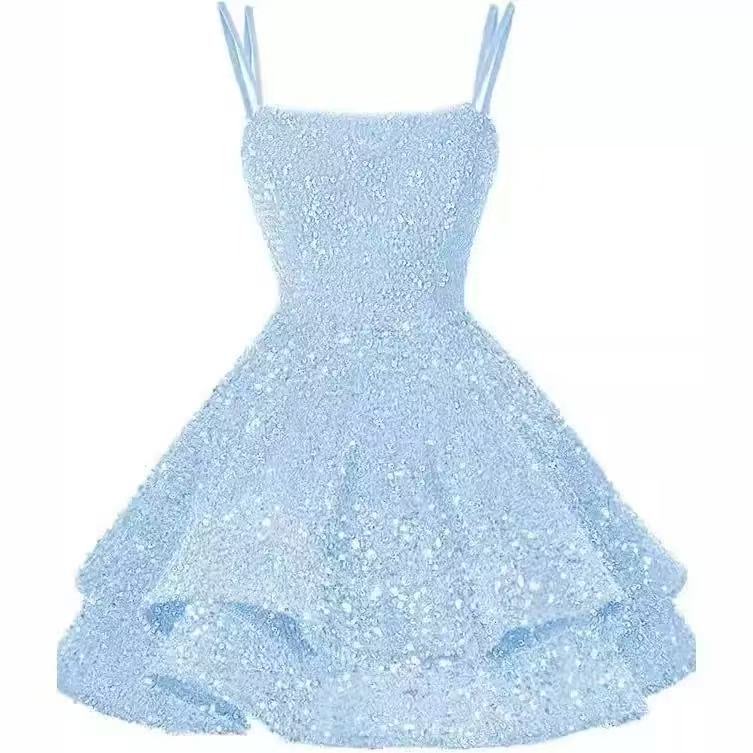 2025新款时尚舒适亮片吊带性感V领露背短款宴会舞会派对晚礼服