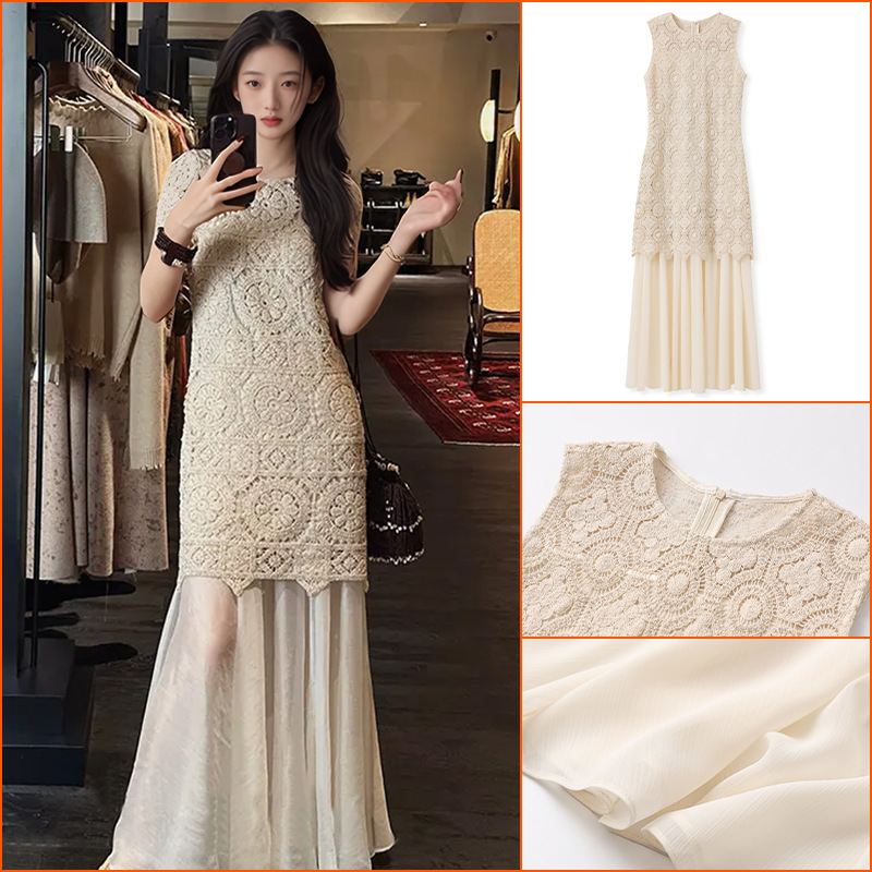 复古高端新中式气质设计长裙2025夏季时尚绳绣拼接连衣裙女 N4025