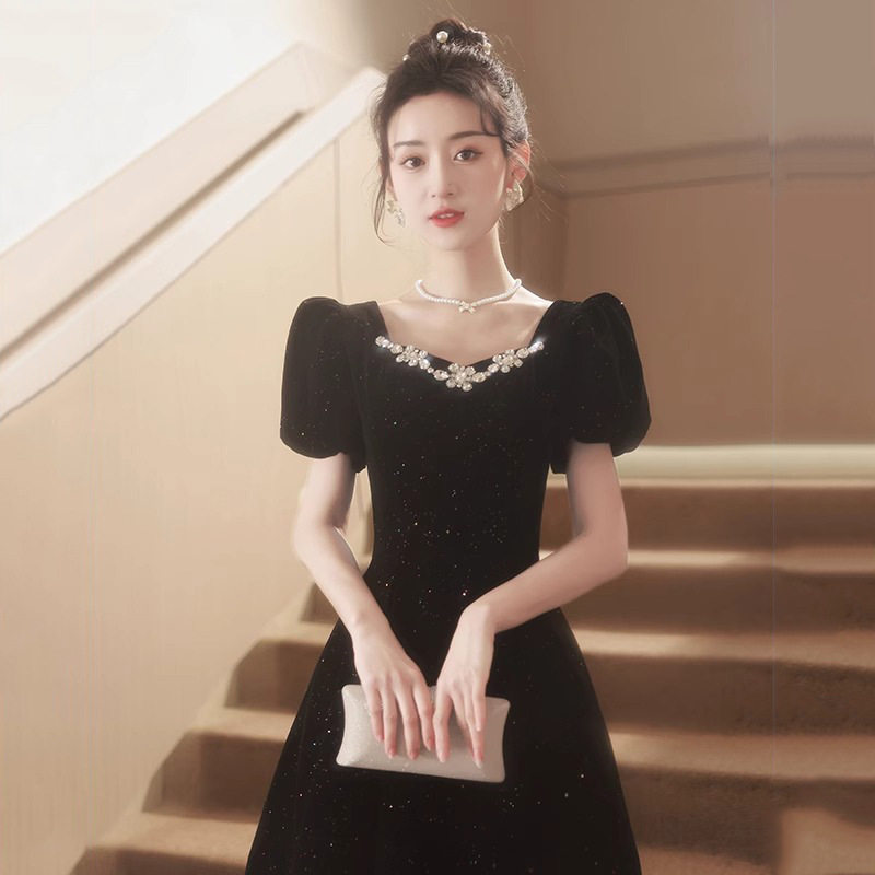 黑色晚礼服裙女宴会气质轻奢小众高端法式赫本风主持人艺考高级感