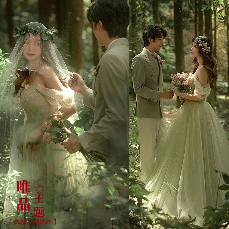 影楼森系旅拍绿色彩纱公主风浪漫婚纱照影楼工作室主题摄影婚纱