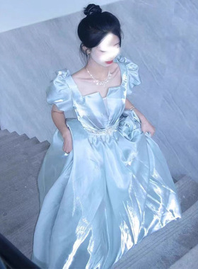 蓝色泡泡袖晚礼服声乐艺考美声独唱演出成人礼主持人演出礼服公主