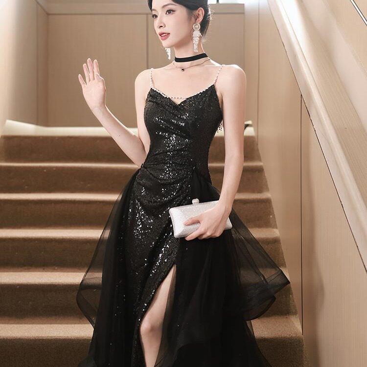 黑色宴会晚礼服2026春春新款亮片高级感艺考演出服吊带派对小礼服