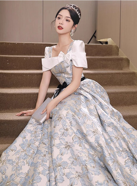 黑色一字肩晚礼服女宴会轻奢公主裙学生日成人礼艺考声乐年会主持