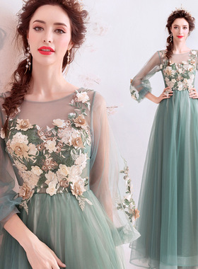 礼服2025新款艺考气质绿色晚宴年会走秀演出主持人法式长袖晚礼服