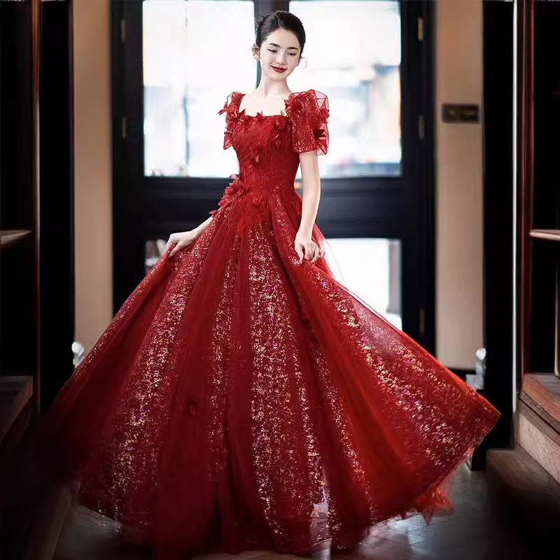 酒红色敬酒服新娘在逃公主气质亮片结婚订婚礼服主持人年会礼服