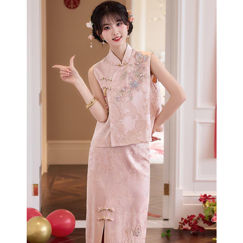 新中式晨袍订婚礼服旗袍敬酒服新娘两件套结婚领证登记回门服便装