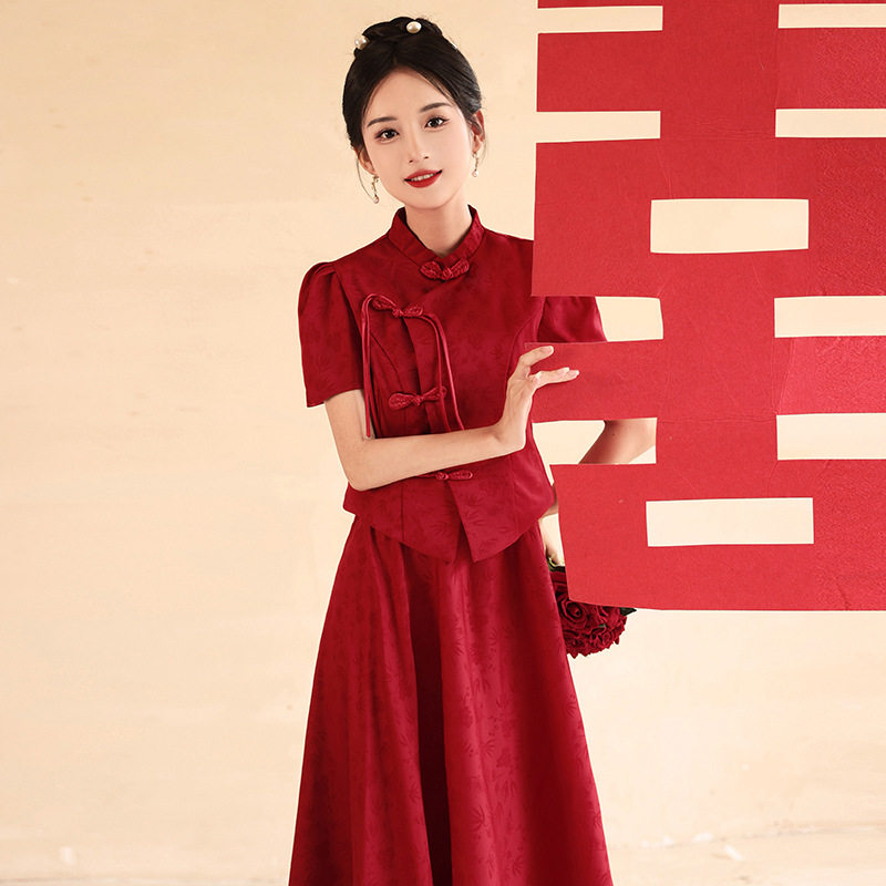 新中式旗袍敬酒服新娘红色结婚衣服两件套装回门连衣裙订婚礼服裙