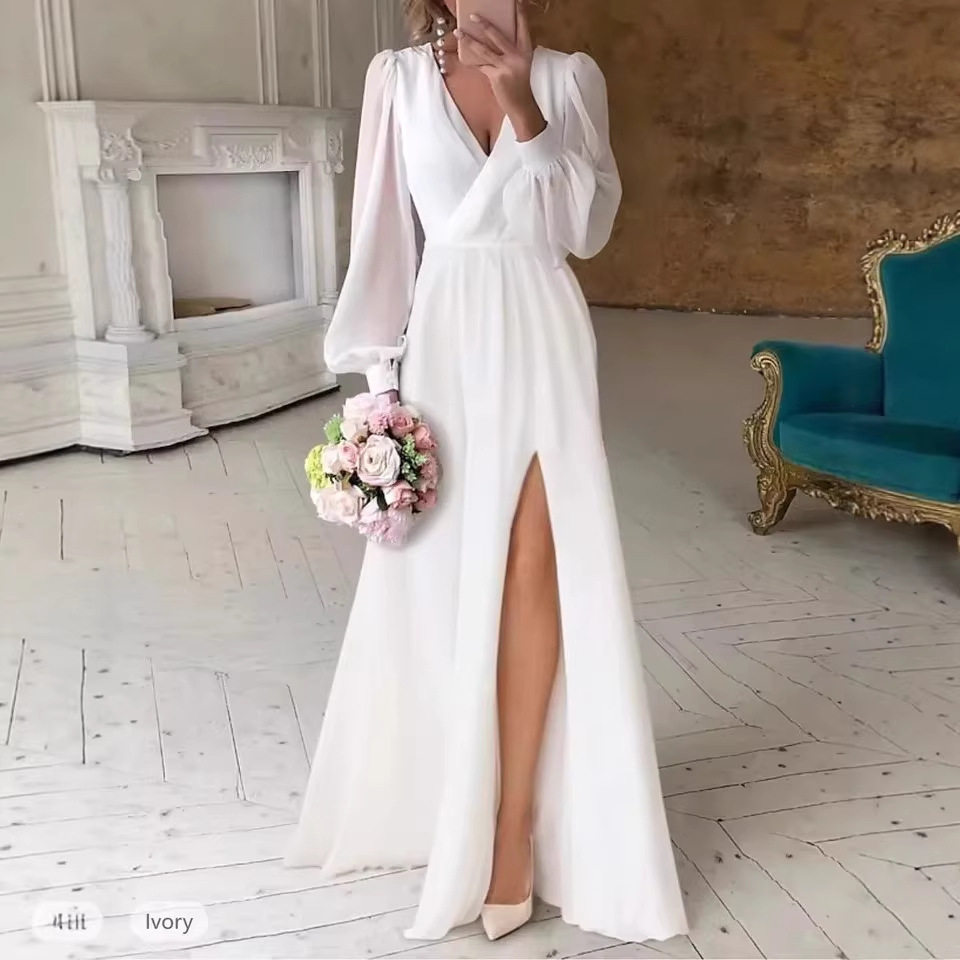 旅拍轻婚2026夏季新款结婚长袖超仙简约白色晚礼服ebay小礼服